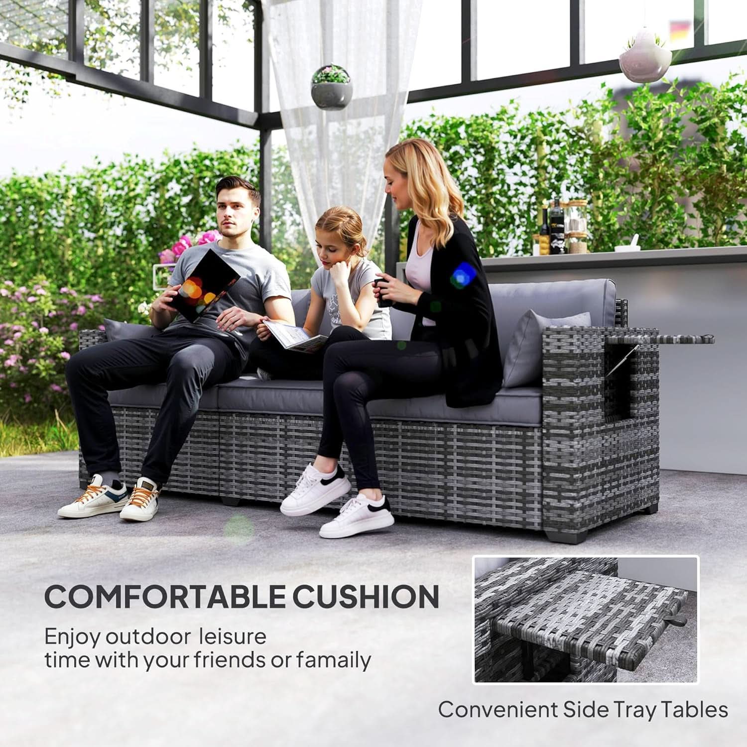 Three Seater Wicker Sofa with Side Tray Tables