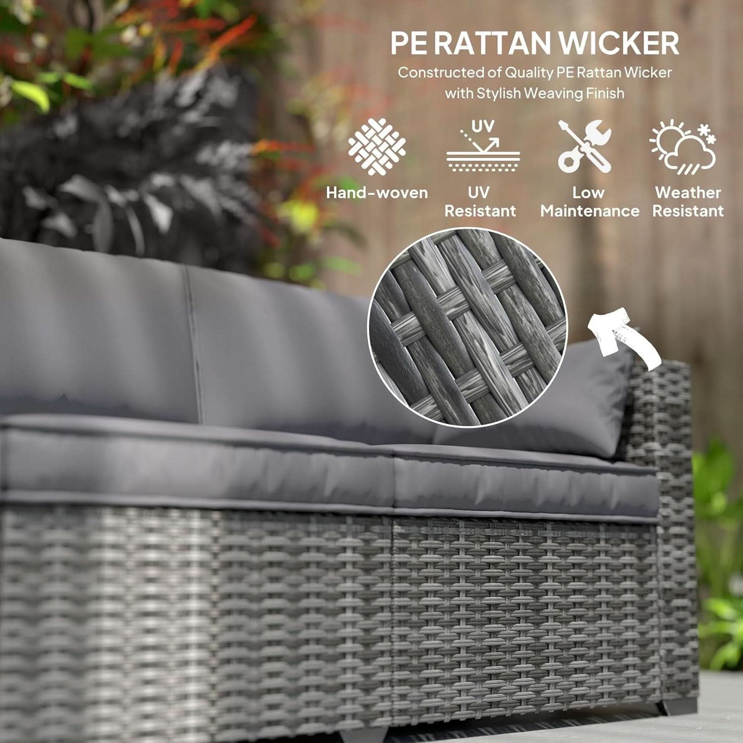 Three Seater Wicker Sofa with Side Tray Tables