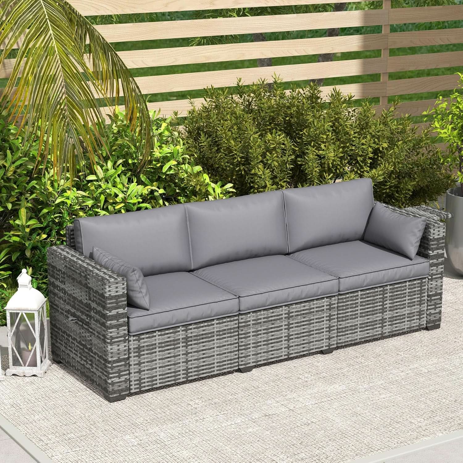 Three Seater Wicker Sofa with Side Tray Tables