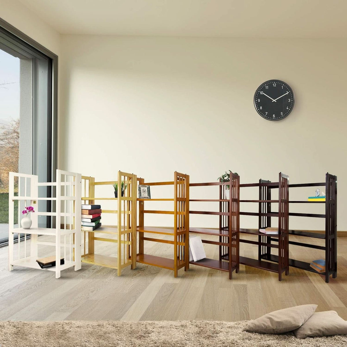 Three Shelf Folding Stackable Bookcase 27.5 Inch Wide Espresso Wood Home Office Storage