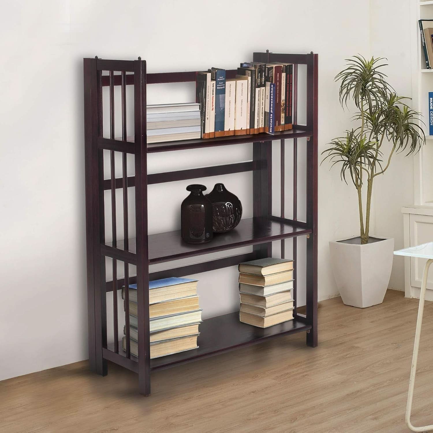 Three Shelf Folding Stackable Bookcase 27.5 Inch Wide Espresso Wood Home Office Storage