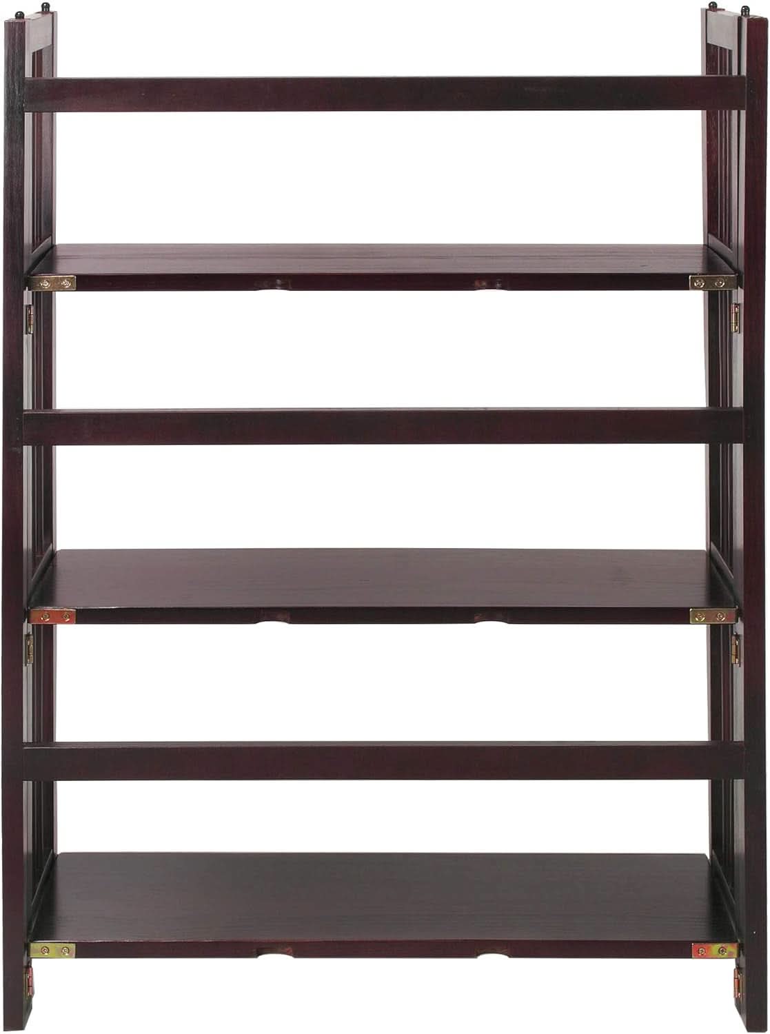 Three Shelf Folding Stackable Bookcase 27.5 Inch Wide Espresso Wood Home Office Storage
