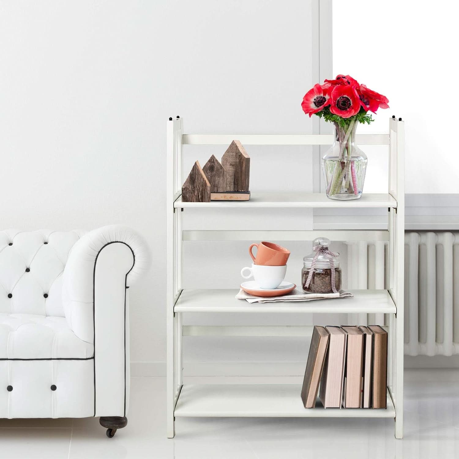 Three Shelf Folding Stackable White Bookcase Home Office