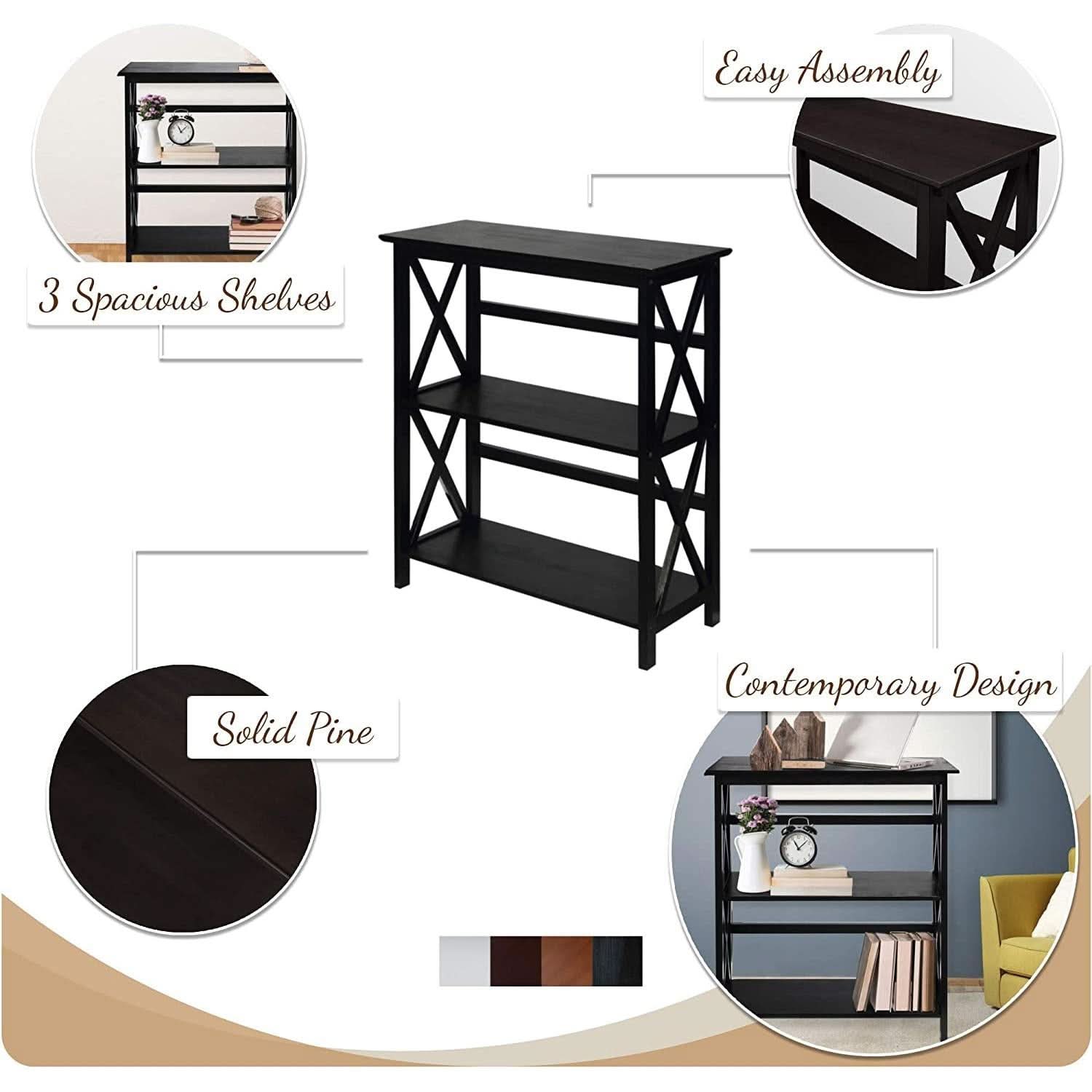 Three-Shelf Solid Wood Bookcase For Home Office Storage