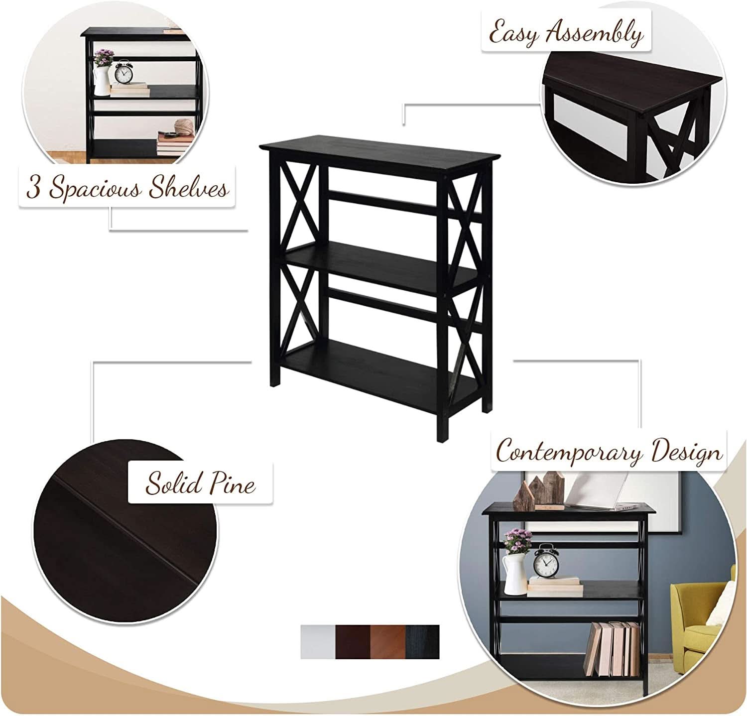 Three Shelf Solid Wood Bookcase For Living Room Storage