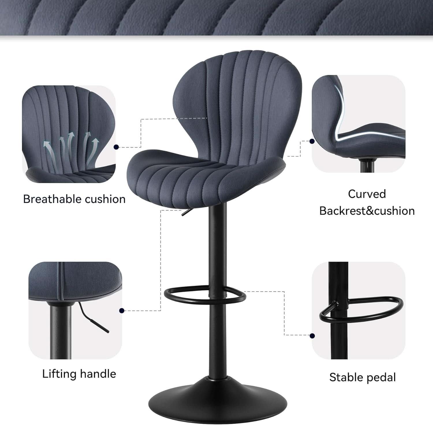 Three Swivel Bar Stools Counter Height High Back DarkGrey