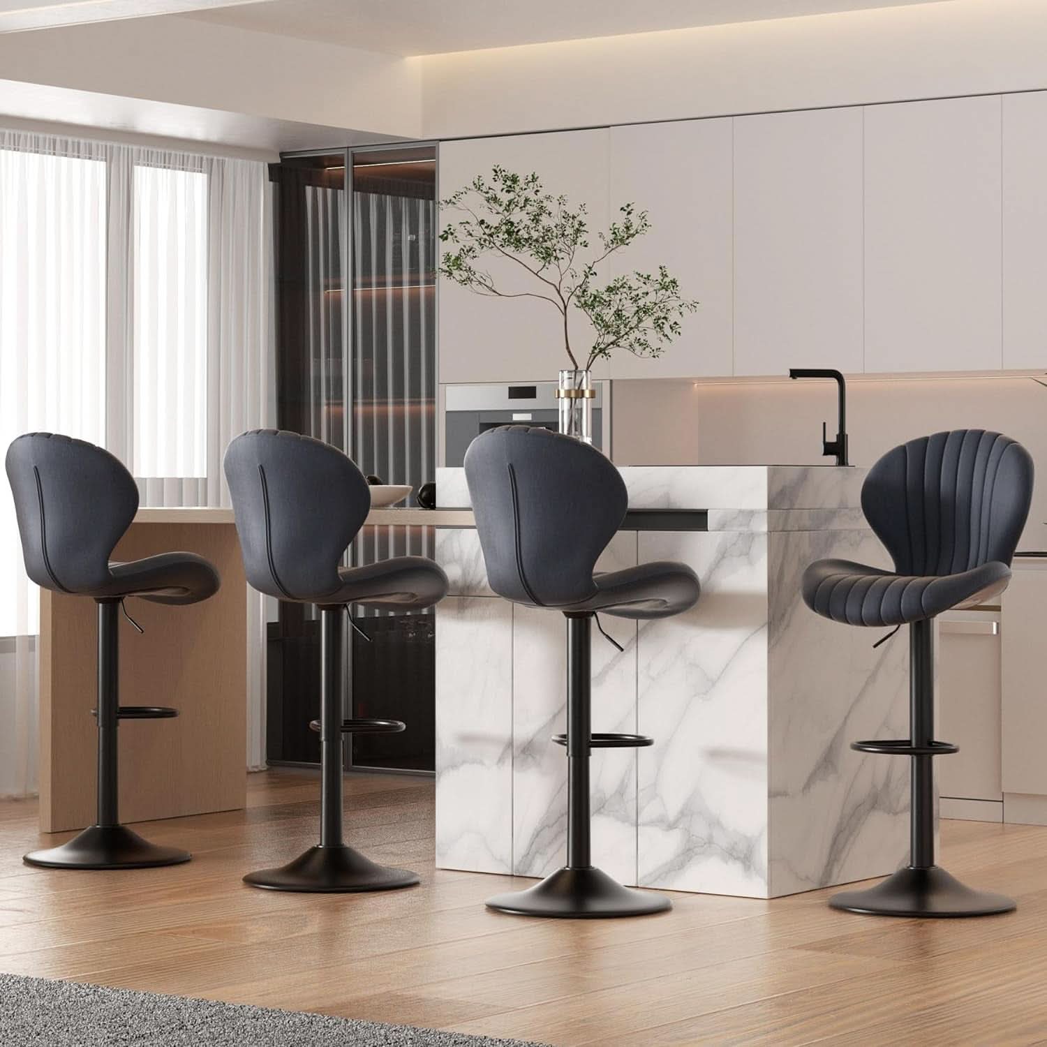 Three Swivel Bar Stools Counter Height High Back DarkGrey