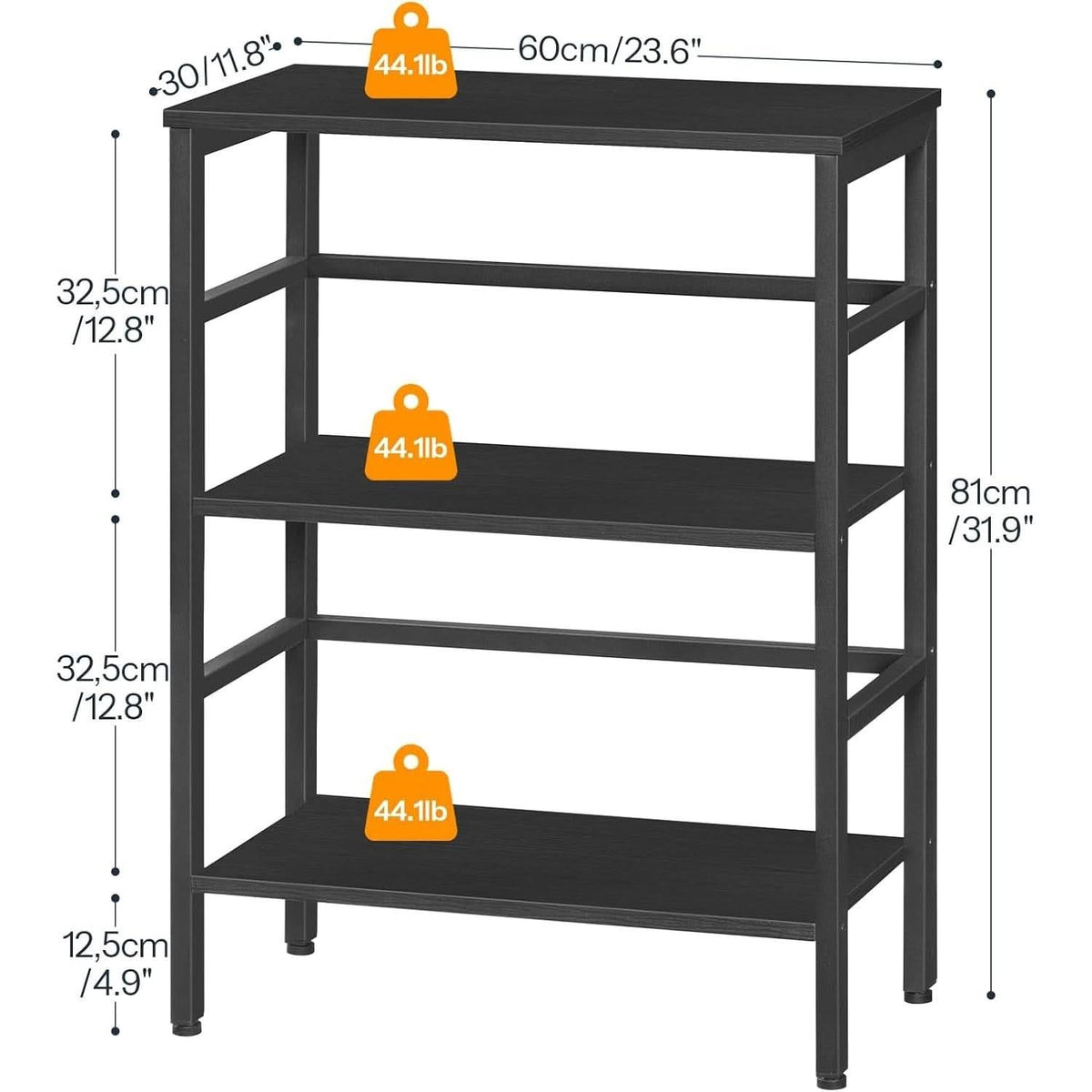 Three Tier Bookshelf Industrial Bookcase And Record Storage Rack With Side Fence Black Metal Frame Rustic Wood