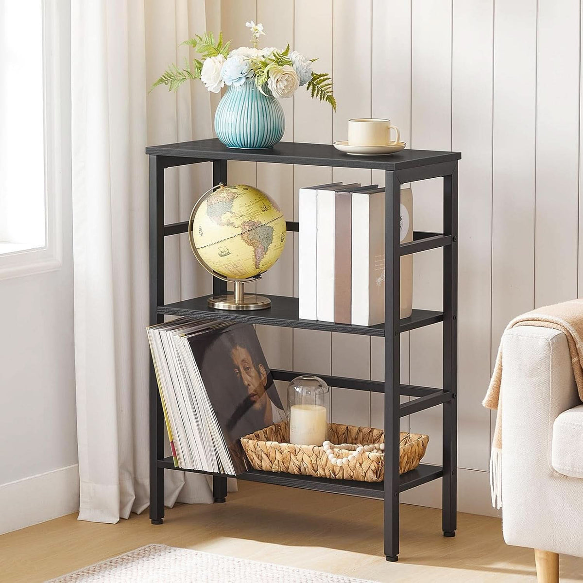 Three Tier Bookshelf Industrial Bookcase And Record Storage Rack With Side Fence Black Metal Frame Rustic Wood