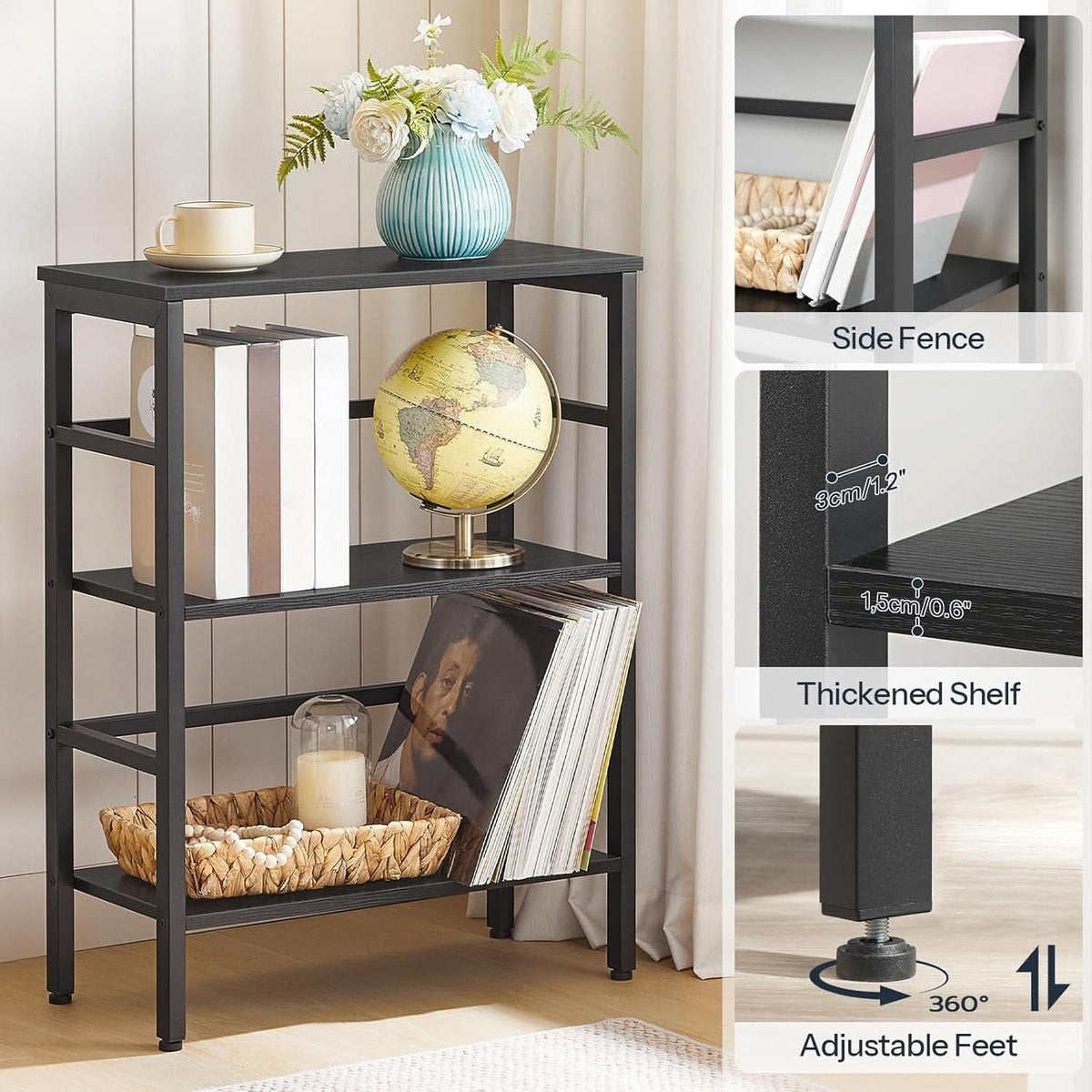 Three Tier Bookshelf Industrial Bookcase And Record Storage Rack With Side Fence Black Metal Frame Rustic Wood
