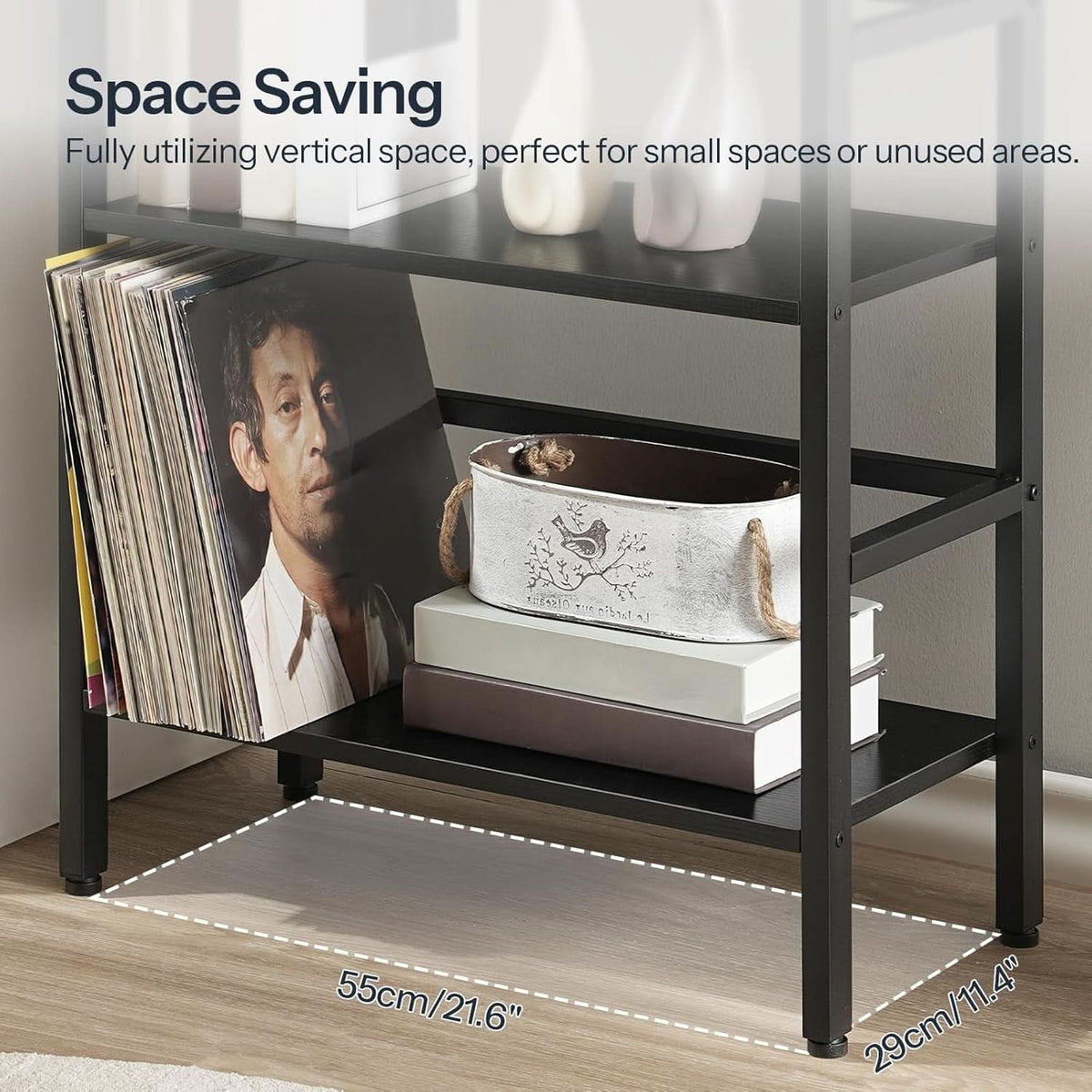 Three Tier Bookshelf Industrial Bookcase And Record Storage Rack With Side Fence Black Metal Frame Rustic Wood