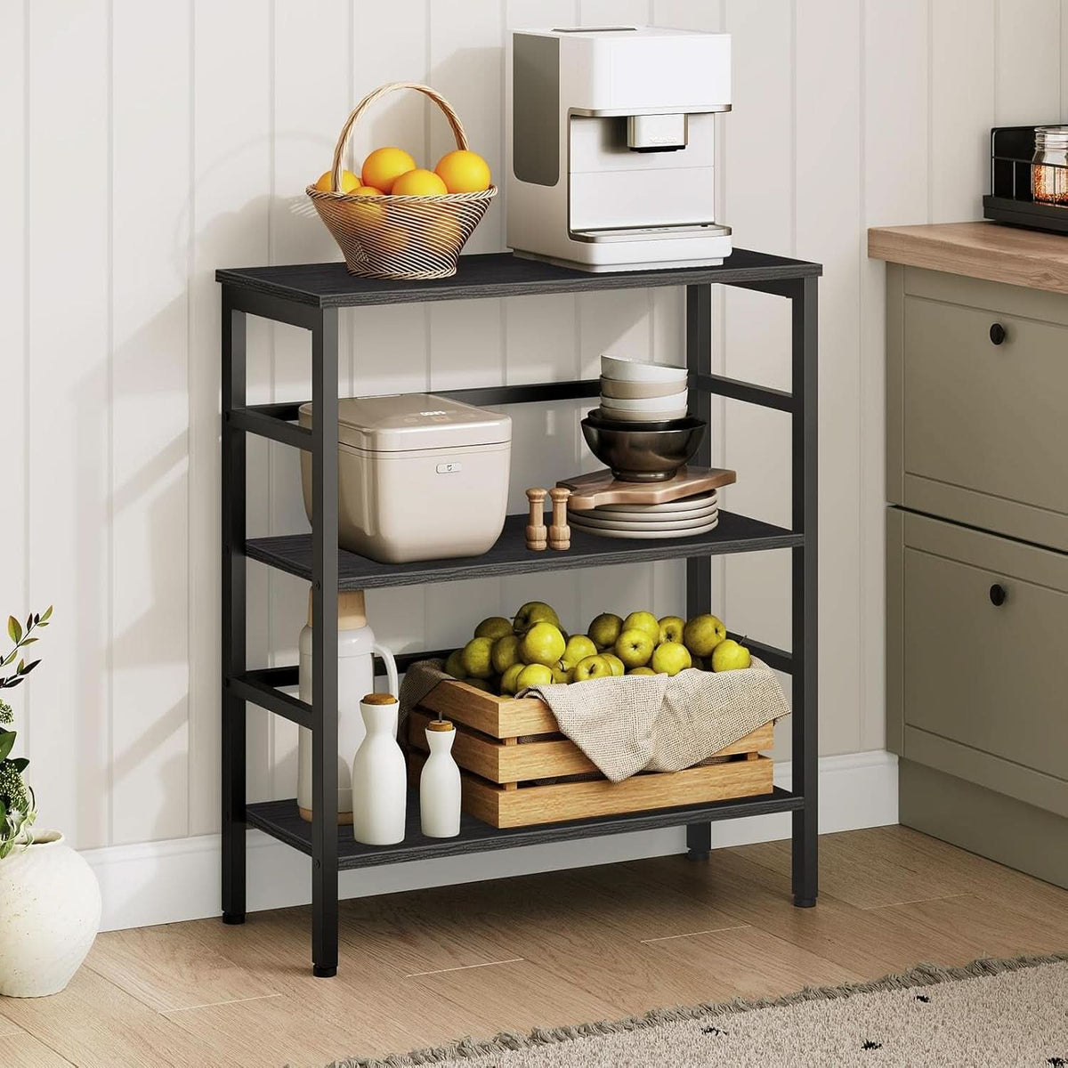 Three Tier Bookshelf Industrial Bookcase And Record Storage Rack With Side Fence Black Metal Frame Rustic Wood