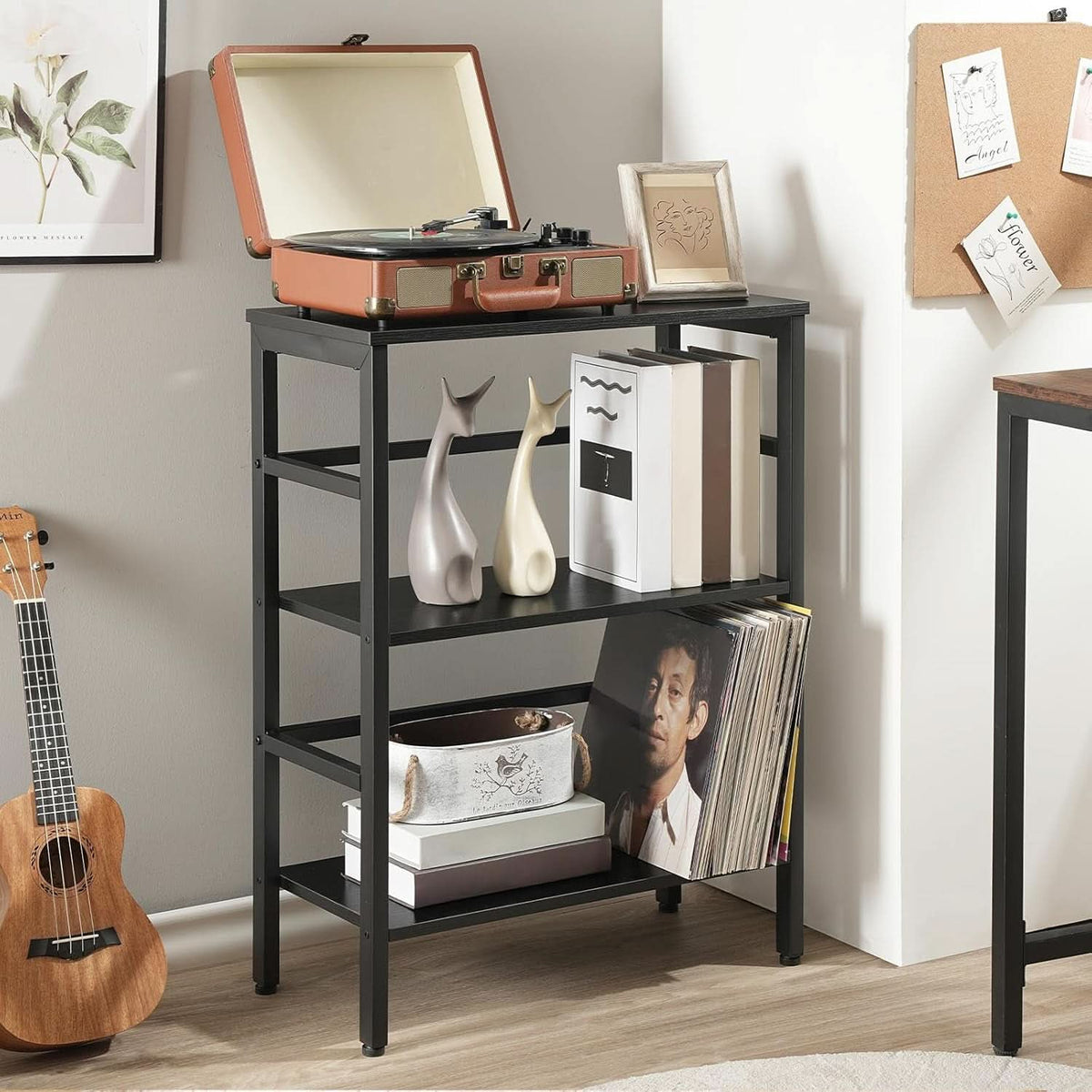 Three Tier Bookshelf Industrial Bookcase And Record Storage Rack With Side Fence Black Metal Frame Rustic Wood