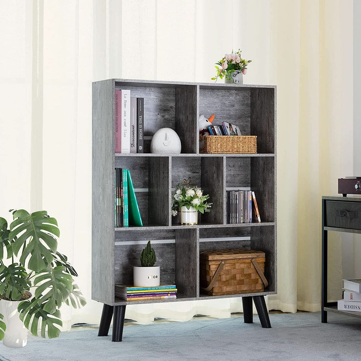 Three Tier Grey Bookshelf For Small Spaces With Crisscross