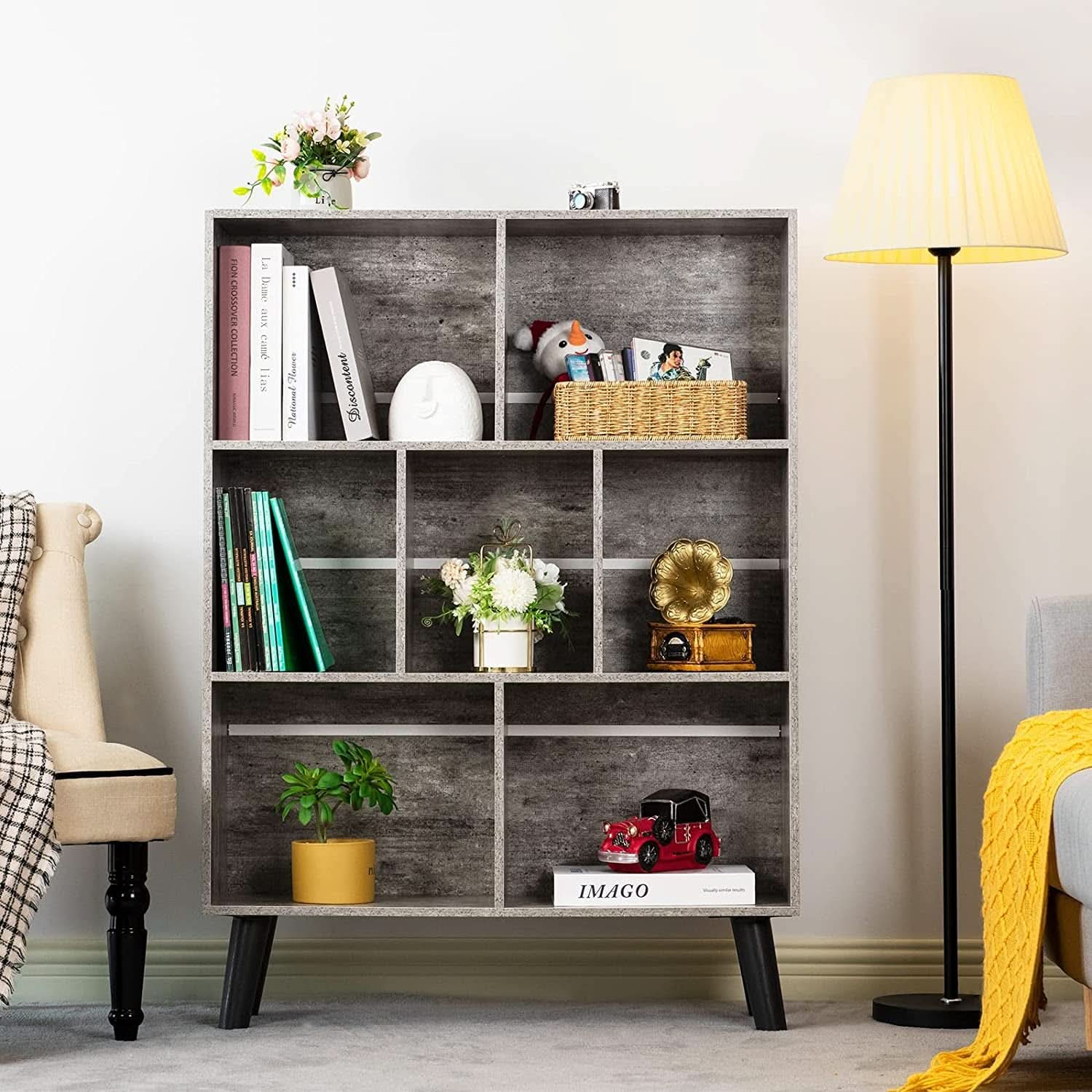 Three Tier Grey Bookshelf For Small Spaces With Crisscross