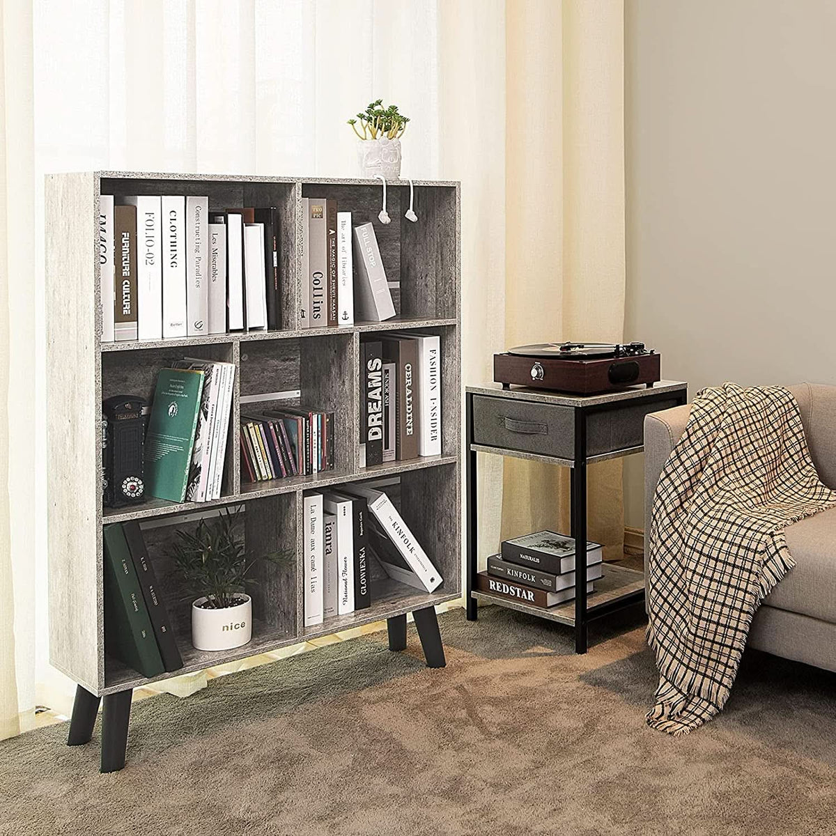 Three Tier Grey Bookshelf For Small Spaces With Crisscross