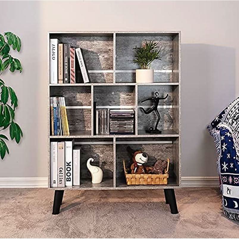 Three Tier Grey Bookshelf For Small Spaces With Crisscross
