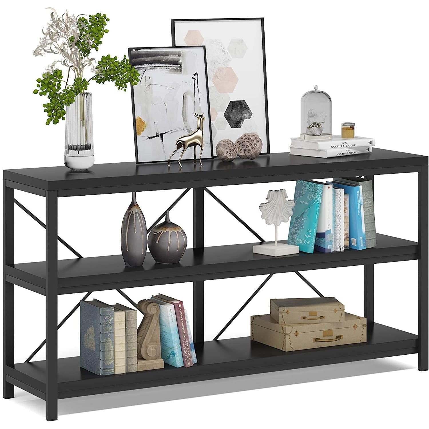 Three Tier Narrow Black Sofa Table With Storage Shelves