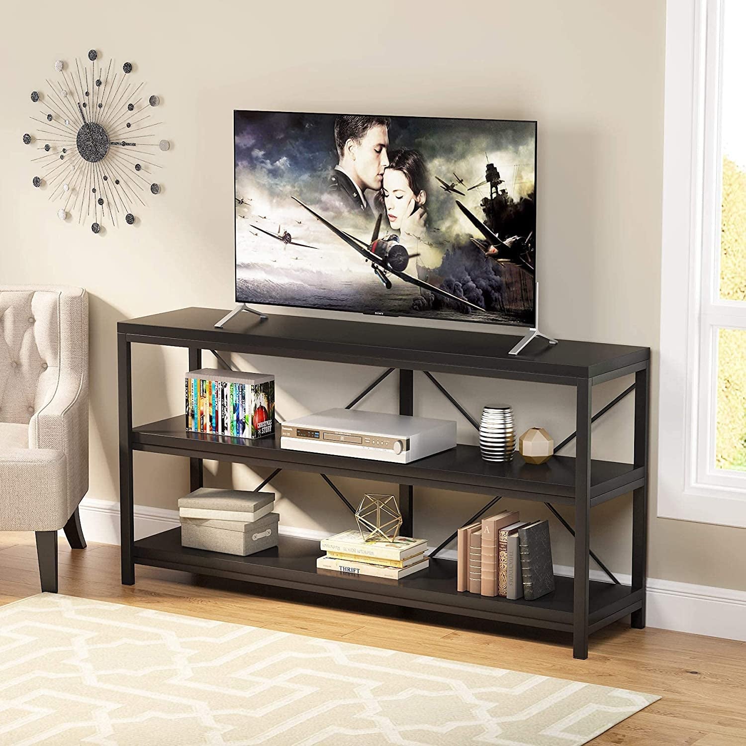 Three Tier Narrow Black Sofa Table With Storage Shelves