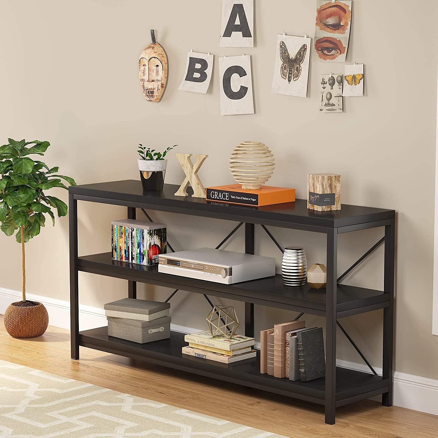 Three Tier Narrow Black Sofa Table With Storage Shelves