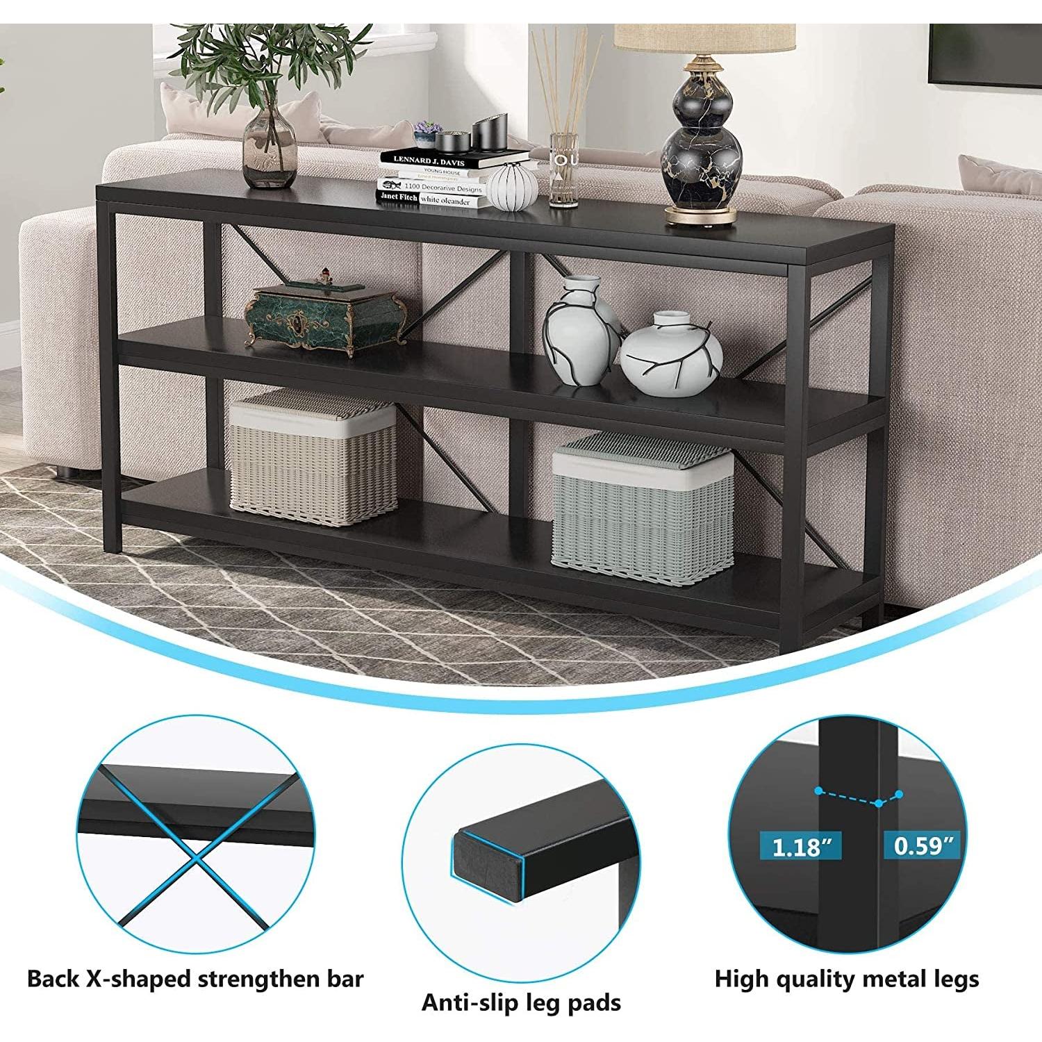 Three Tier Narrow Black Sofa Table With Storage Shelves