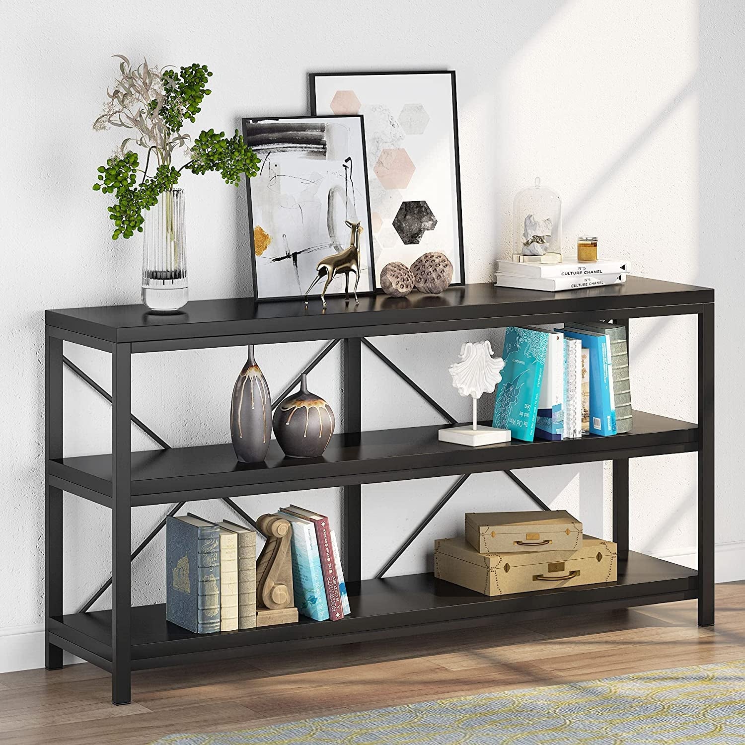 Three Tier Narrow Black Sofa Table With Storage Shelves