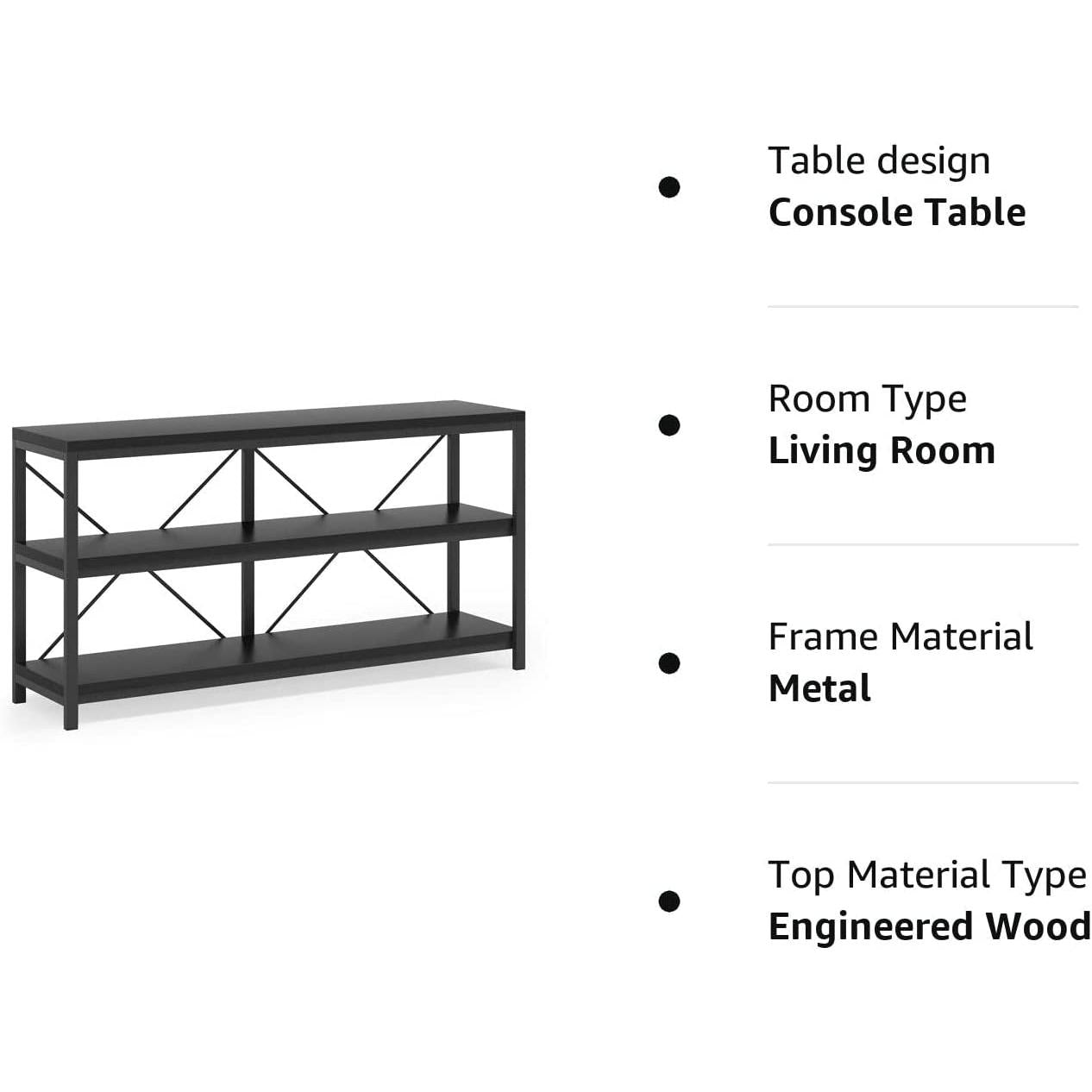 Three Tier Narrow Black Sofa Table With Storage Shelves