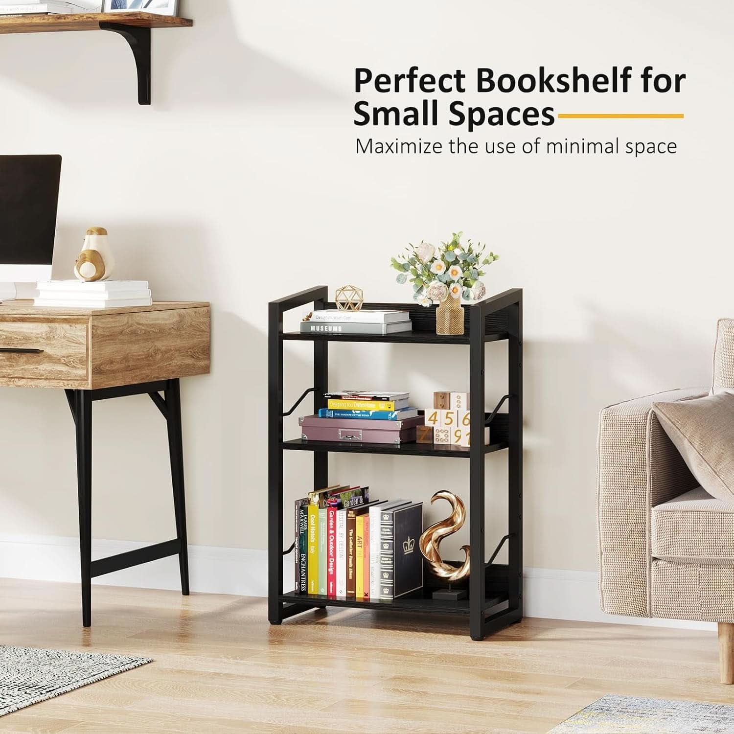 Three Tier Narrow Bookshelf Industrial Wood And Metal Black
