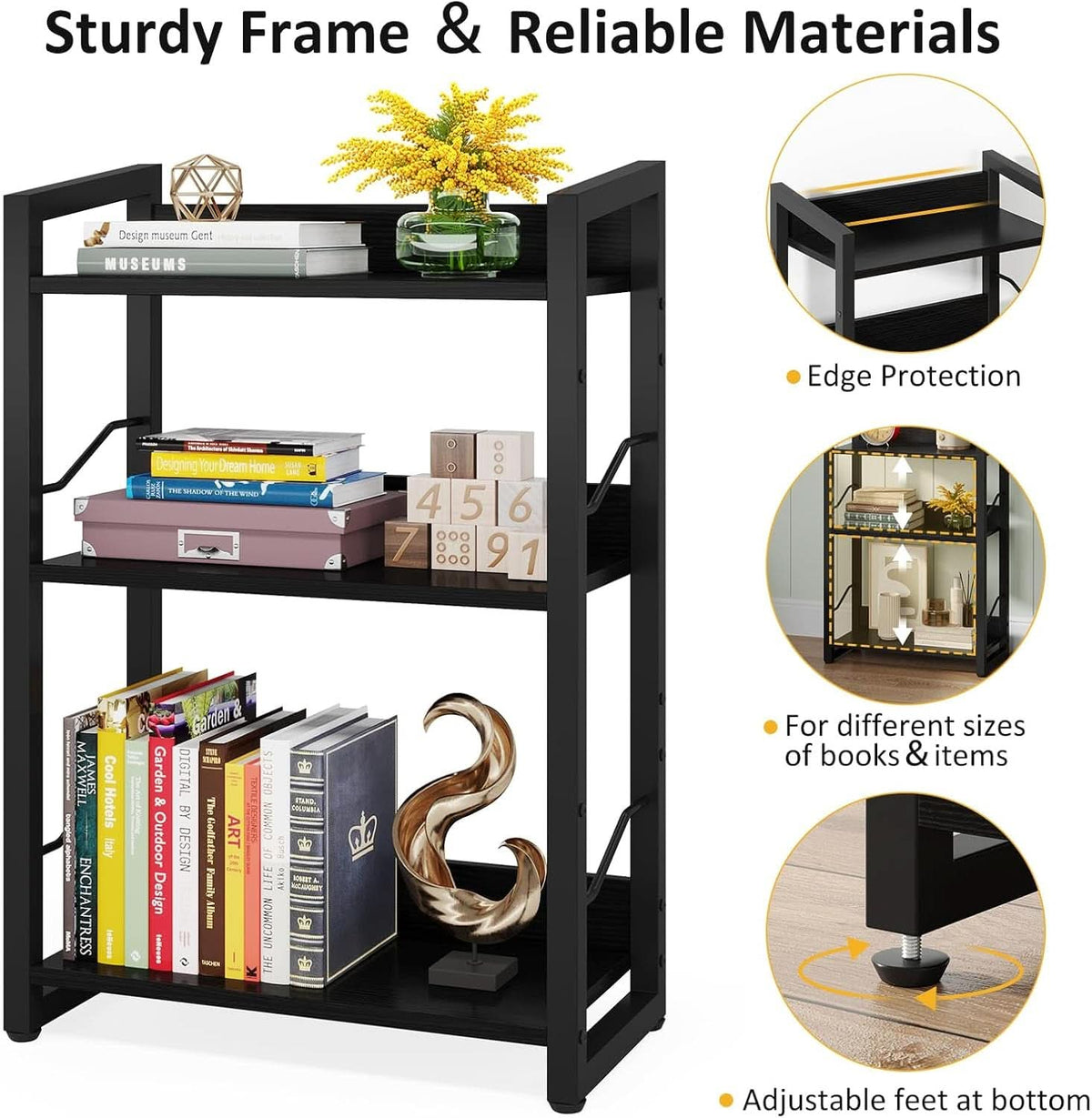 Three Tier Narrow Bookshelf Industrial Wood And Metal Black