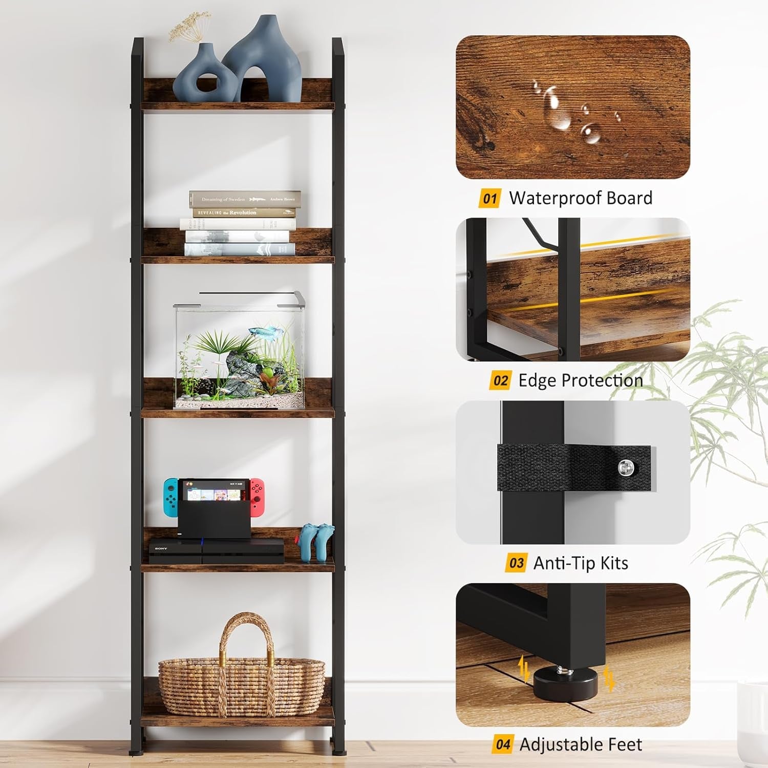 Three Tier Wood Bookshelf With Metal Edge Protection