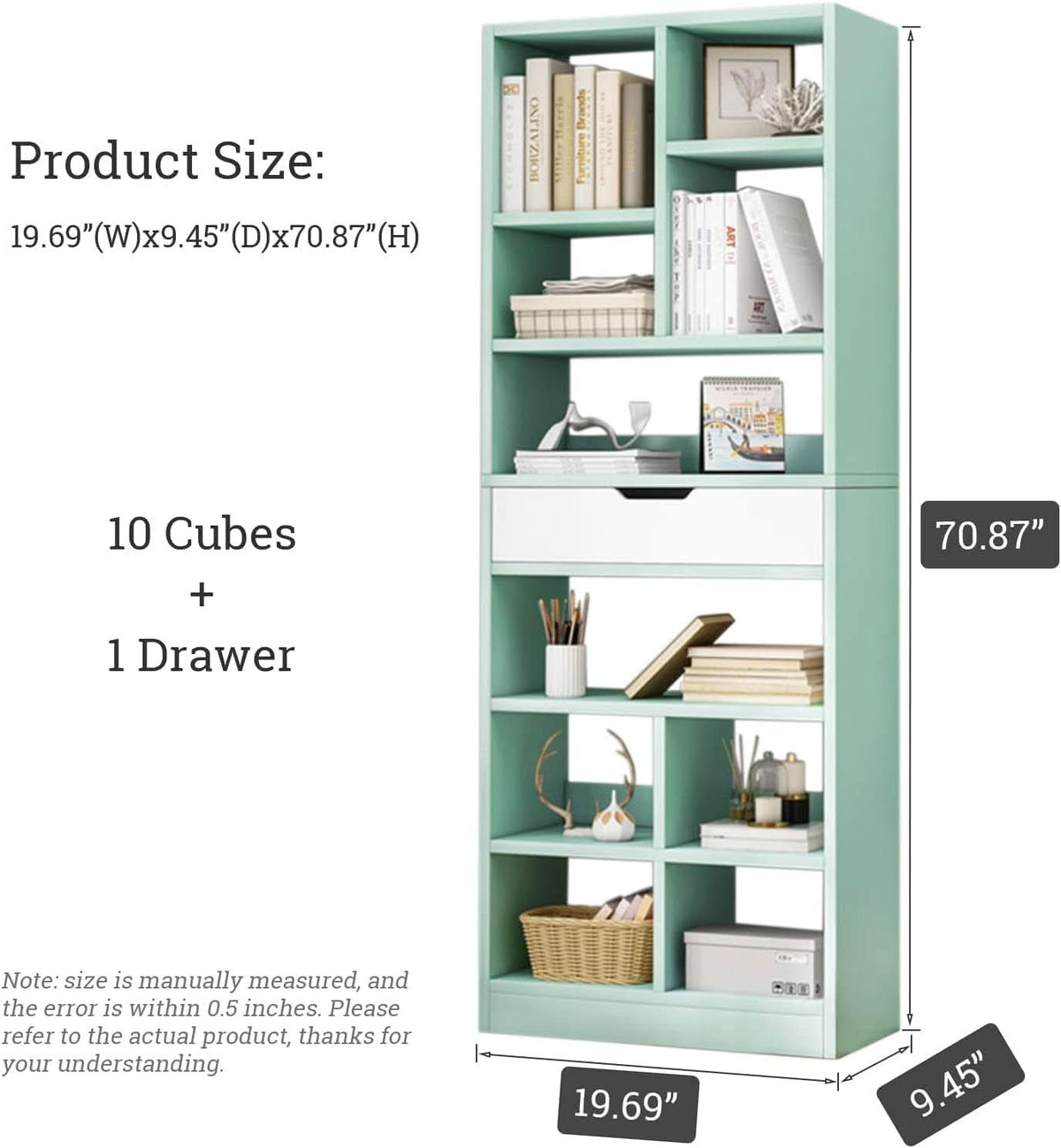 Tiffany Green Ten Cube Wooden Freestanding Bookshelf With Drawer 71 Inch Tall Open Shelf Unit