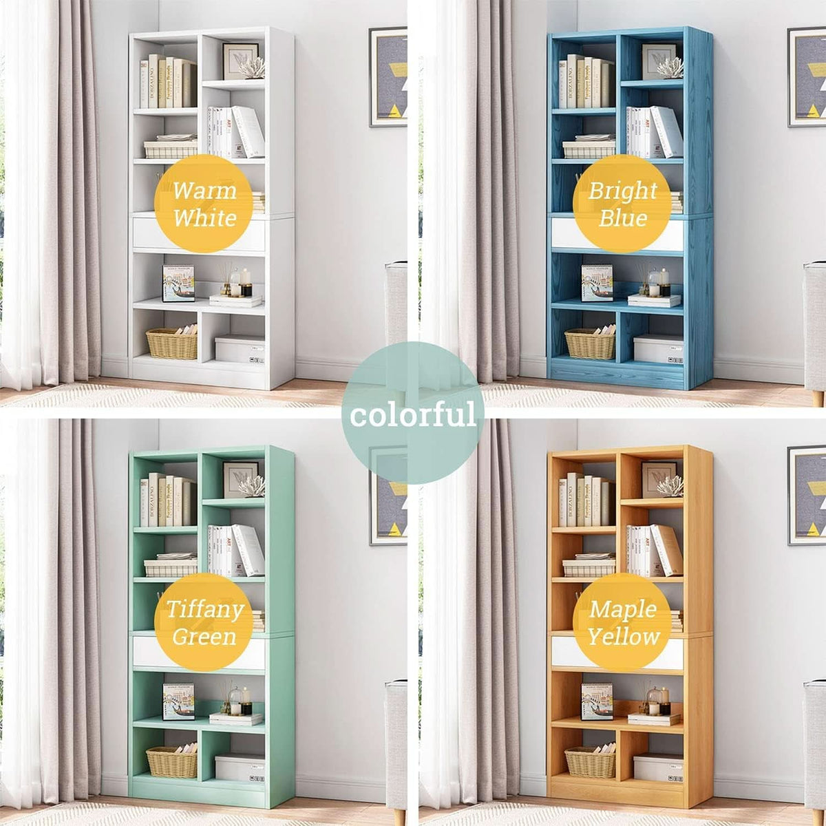 Tiffany Green Ten Cube Wooden Freestanding Bookshelf With Drawer 71 Inch Tall Open Shelf Unit