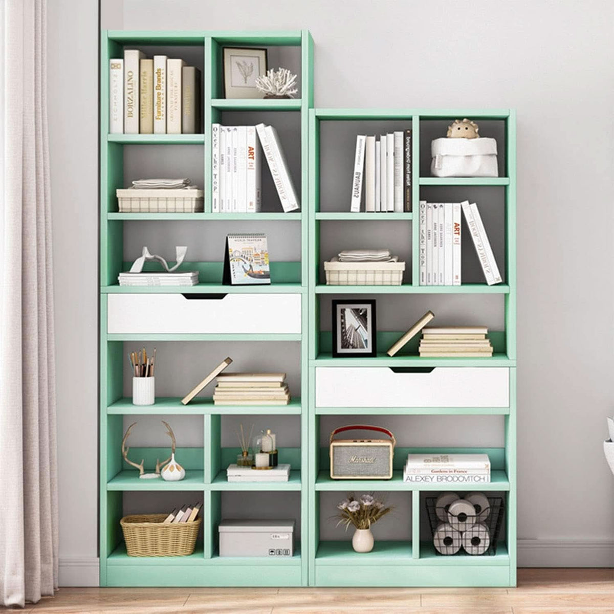 Tiffany Green Ten Cube Wooden Freestanding Bookshelf With Drawer 71 Inch Tall Open Shelf Unit