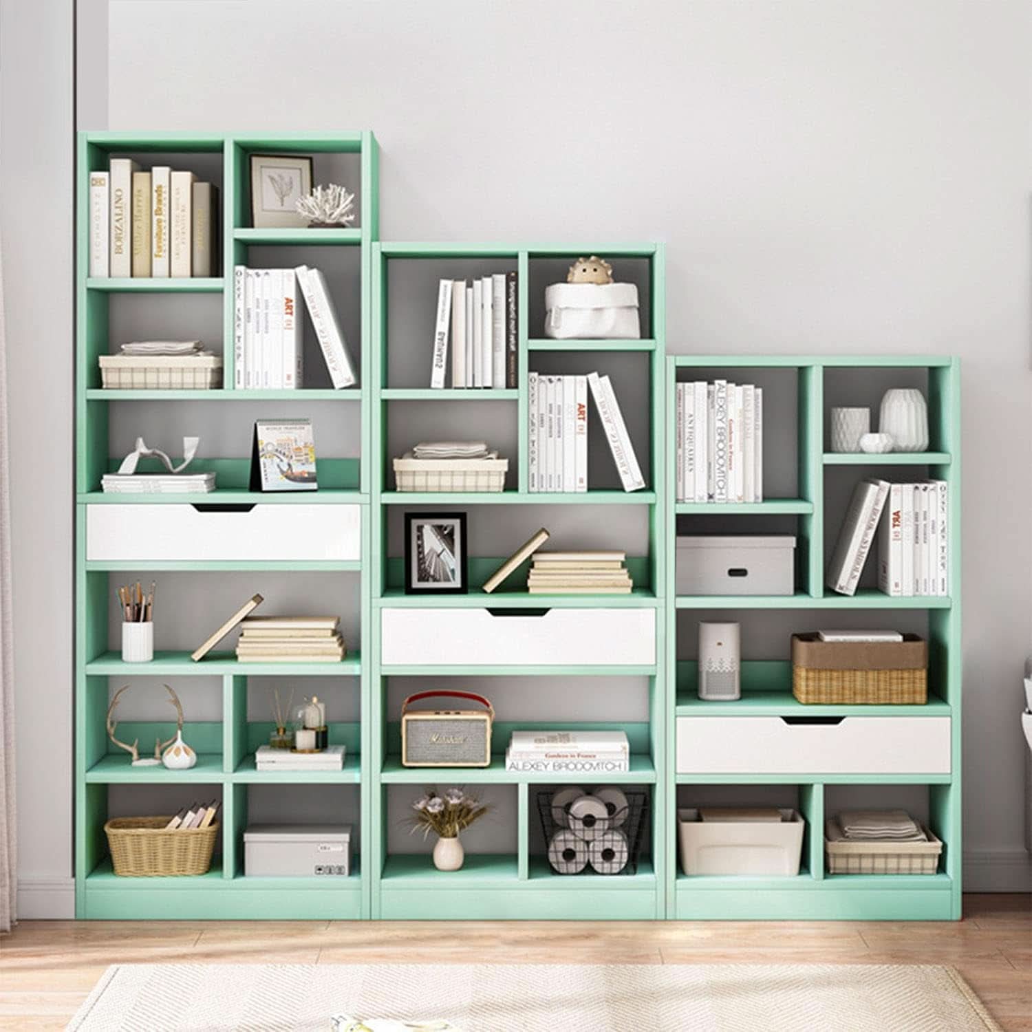 Tiffany Green Ten Cube Wooden Freestanding Bookshelf With Drawer 71 Inch Tall Open Shelf Unit