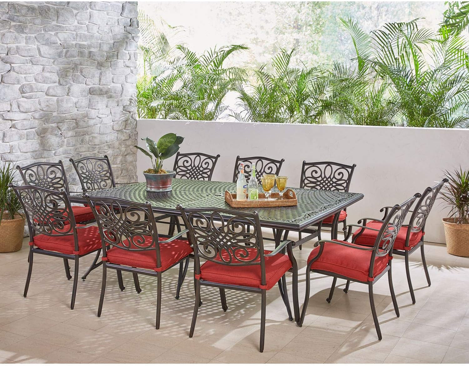 Traditions 11 Piece Outdoor Patio Dining Set With Red Cushions And Large Table