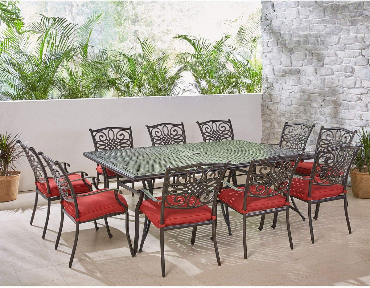 Traditions 11 Piece Outdoor Patio Dining Set With Red Cushions And Large Table