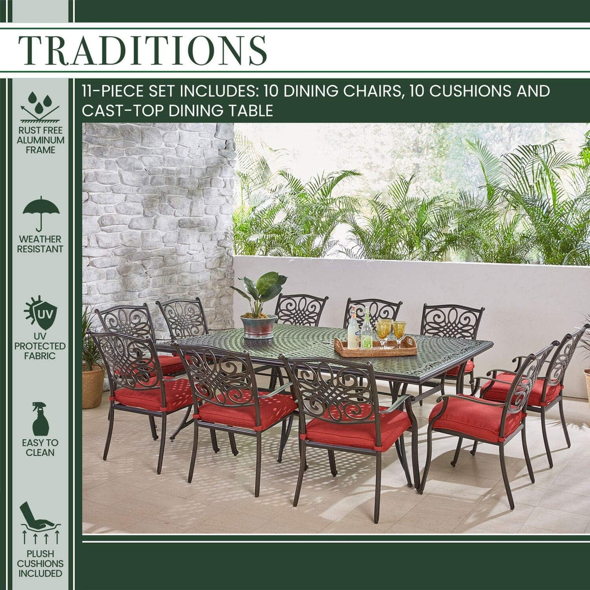 Traditions 11 Piece Outdoor Patio Dining Set With Red Cushions And Large Table