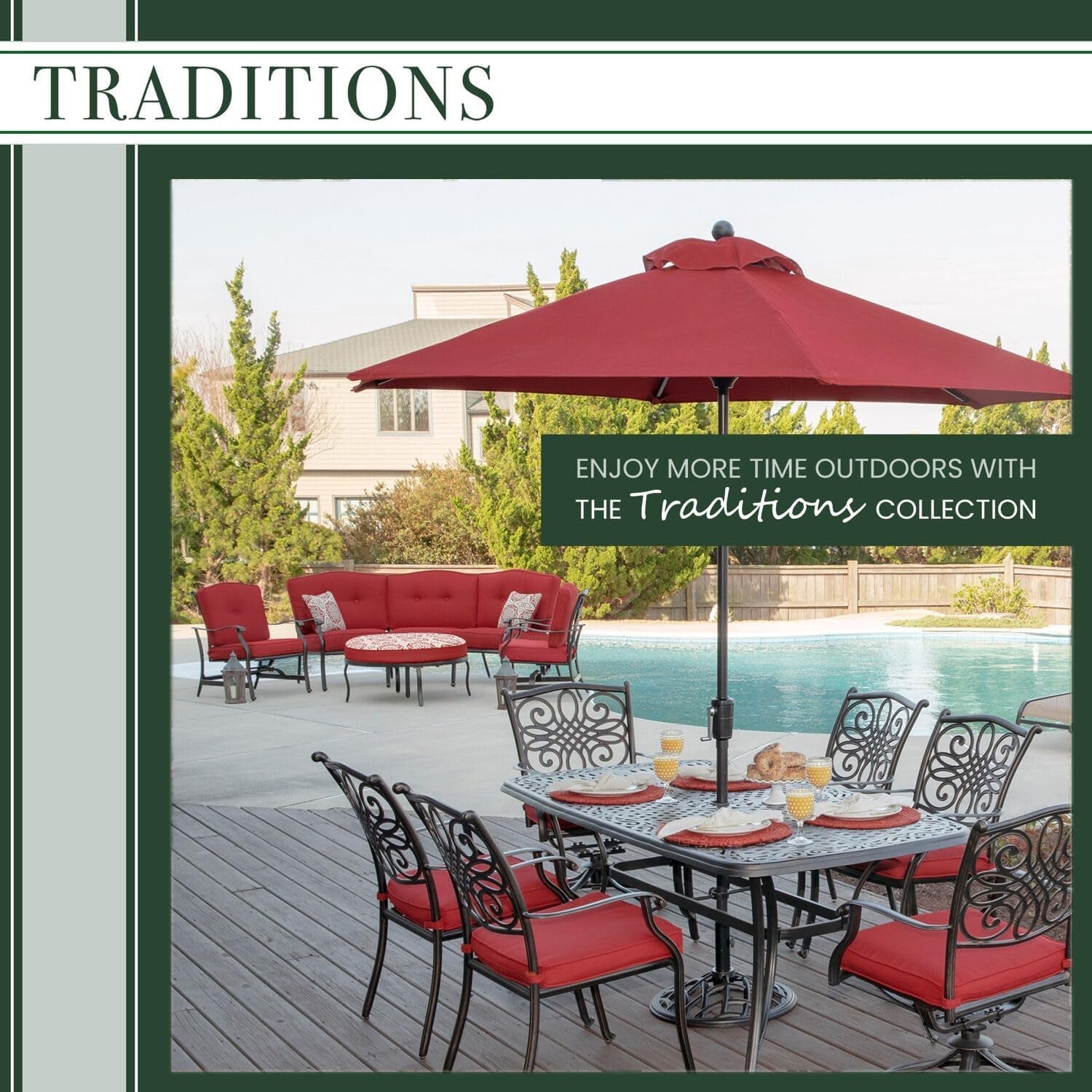 Traditions 11 Piece Outdoor Patio Dining Set With Red Cushions And Large Table