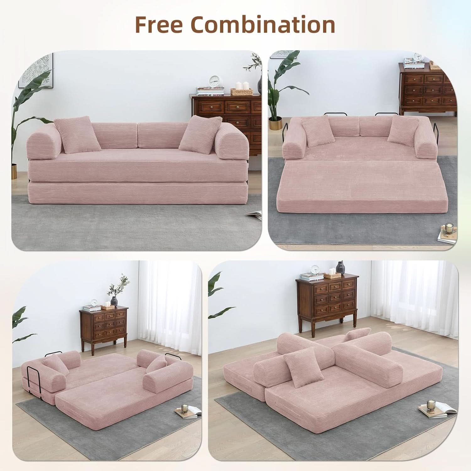 Transformable Sofa Bed QueenSize Pink Folding Frame