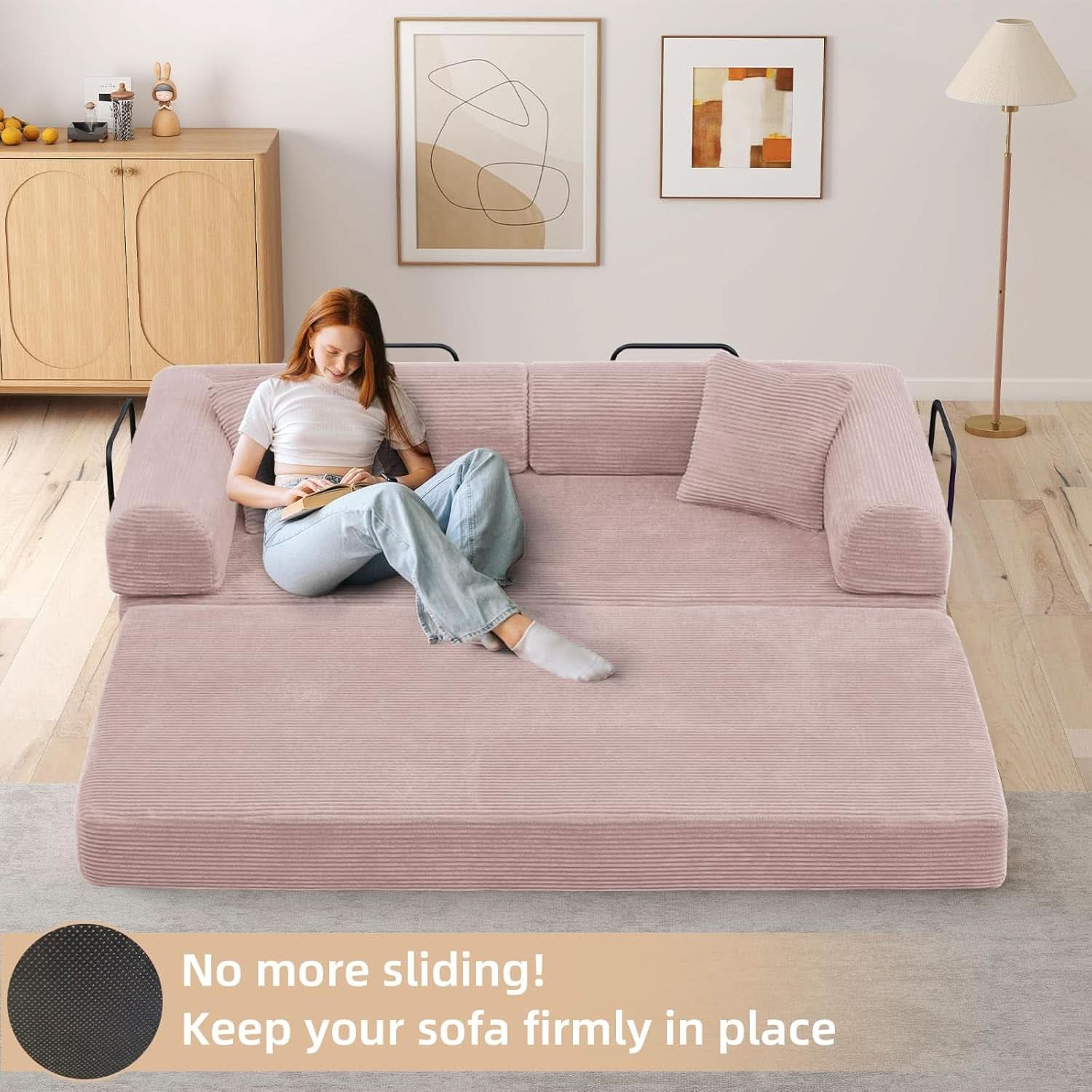 Transformable Sofa Bed QueenSize Pink Folding Frame