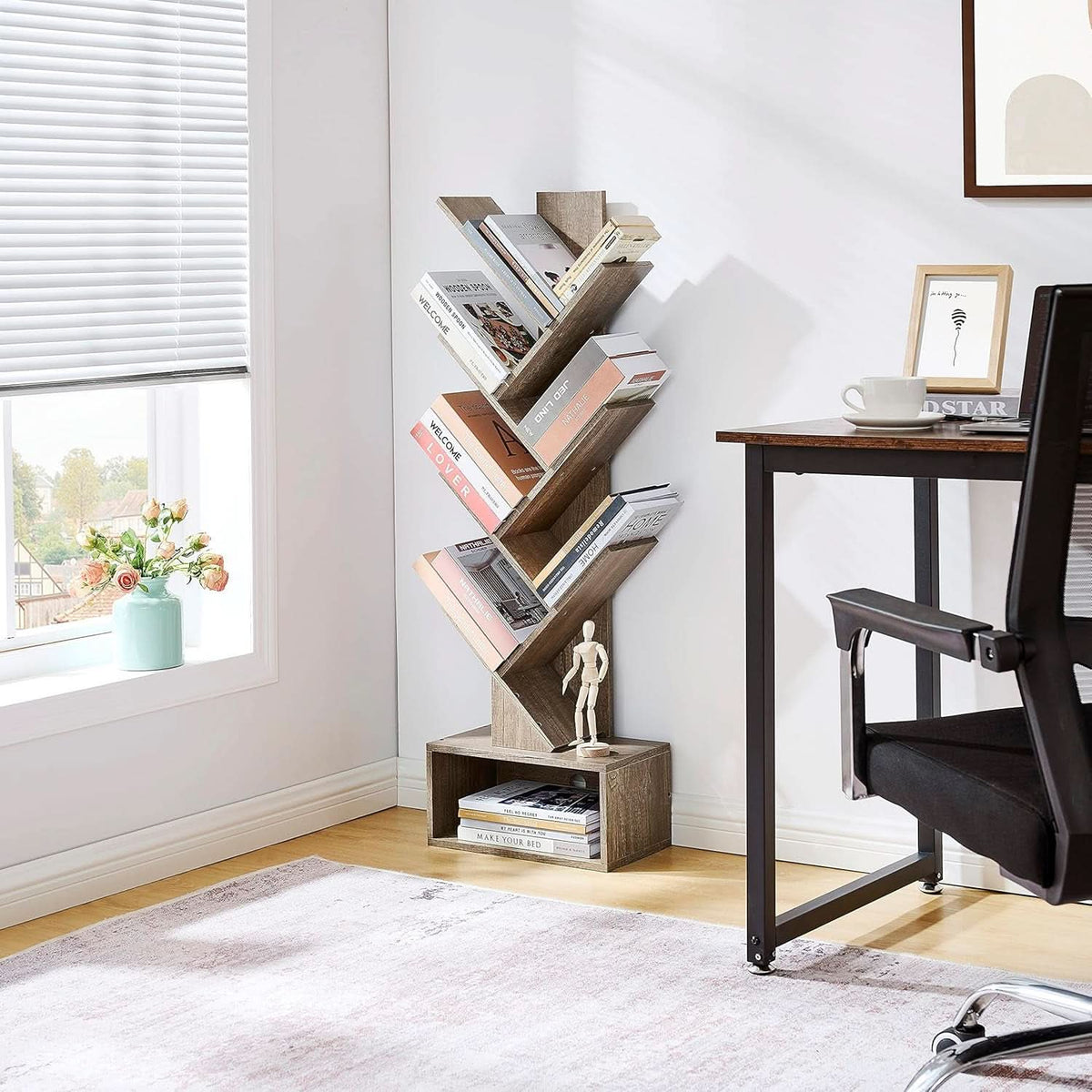 Tree Bookshelf 6 Tier Greige Freestanding Floor Display
