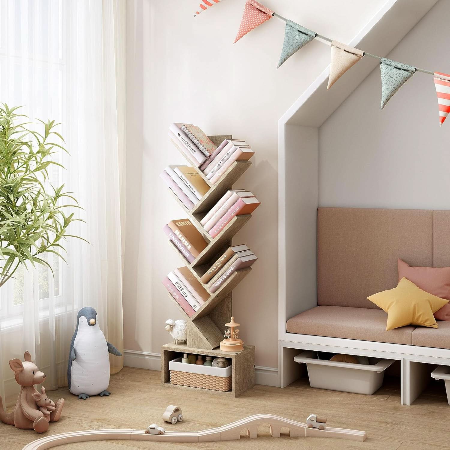 Tree Bookshelf 6 Tier Greige Freestanding Floor Display