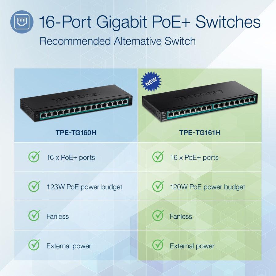 Trendnet 16-Port Gigabit Poe+ Switch, 16 X Gigabit Poe+ Ports, 120W Poe Budget, Up To 30W Per Port, 1U 19" Rackmount Brackets Included, Fanless, Lifetime Protection, Black, Tpe-Tg161H