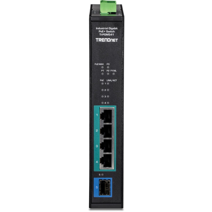 Trendnet 5-Port Industrial Gigabit Poe+ Switch, Extreme Temperature Range -20&Deg; - 65&Deg;C (-4&Deg; - 149&Deg;F), Din-Rail Switch, 50-55V Dc, 4 X Gigabit Poe+ Ports, 1 X Gigabit Sfp Slot, Ti-Pgm541, Black