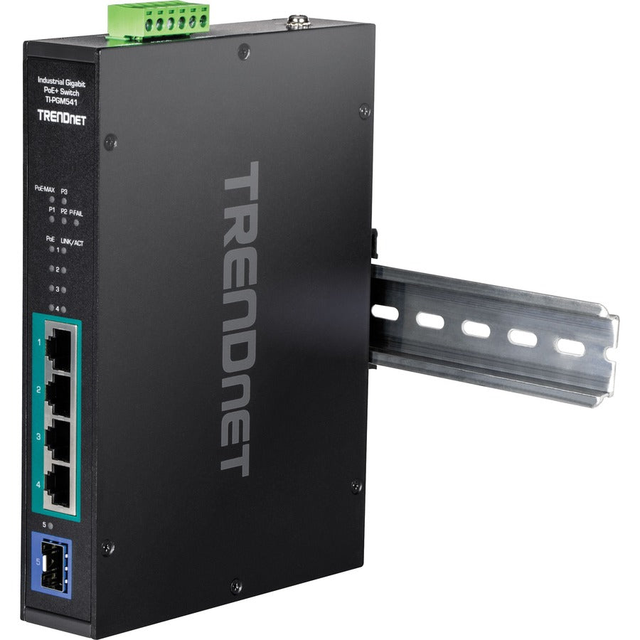Trendnet 5-Port Industrial Gigabit Poe+ Switch, Extreme Temperature Range -20&Deg; - 65&Deg;C (-4&Deg; - 149&Deg;F), Din-Rail Switch, 50-55V Dc, 4 X Gigabit Poe+ Ports, 1 X Gigabit Sfp Slot, Ti-Pgm541, Black