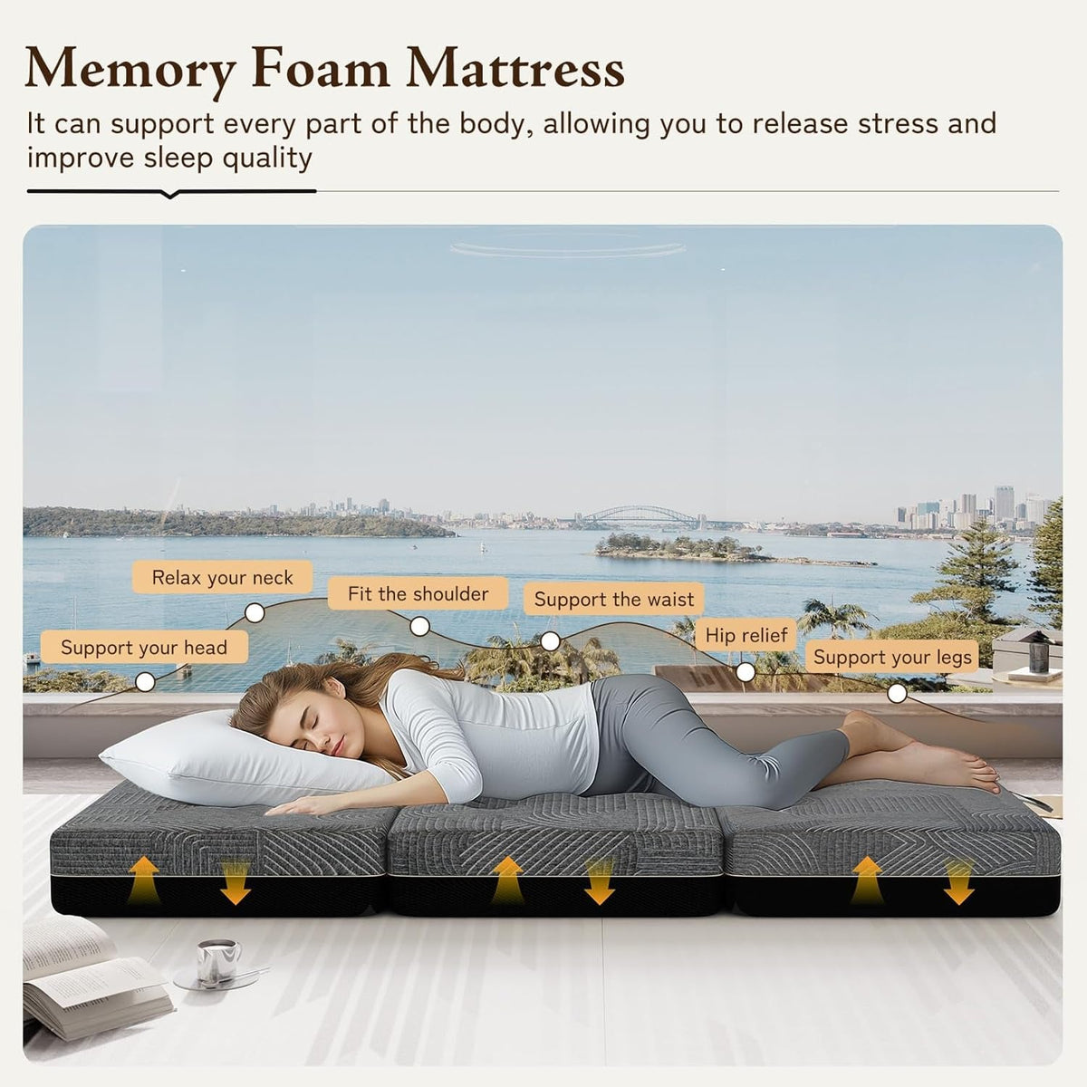 Tri Folding Memory Foam Mattress Twin Size 6 Inch With Non Slip Bottom