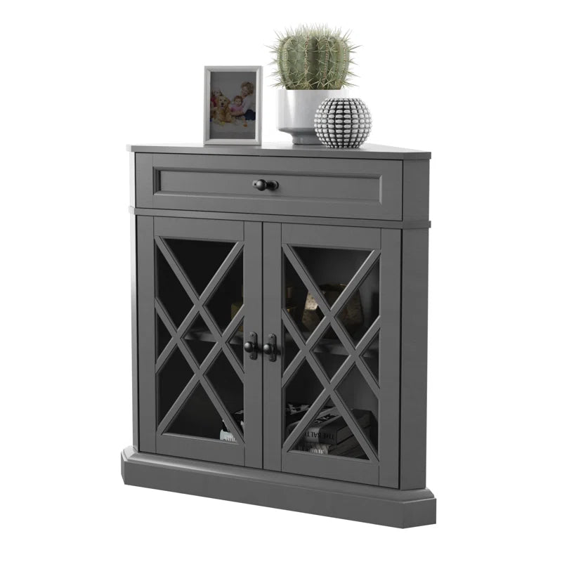 Triangular Corner Accent Cabinet With Drawer Glass Doors