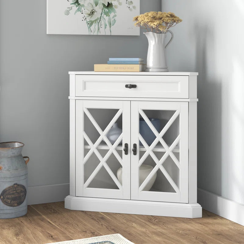 Triangular Corner Accent Cabinet With Drawer Glass Doors