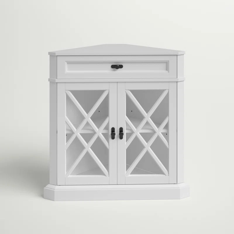 Triangular Corner Accent Cabinet With Drawer Glass Doors
