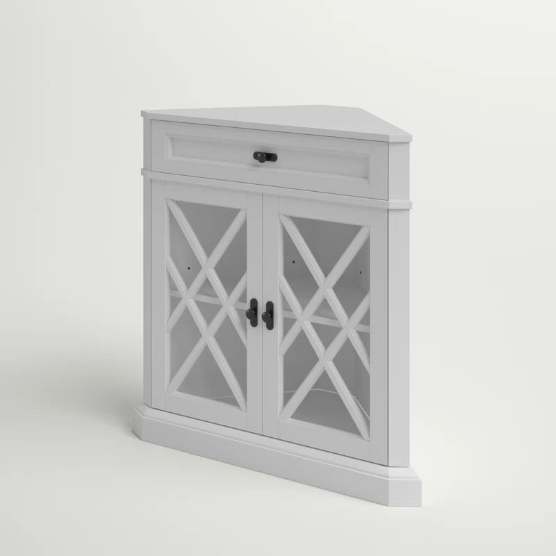 Triangular Corner Accent Cabinet With Drawer Glass Doors